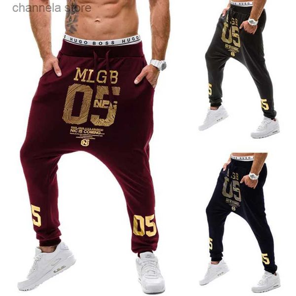 Calças masculinas novo 2021 primavera outono casual baixa virilha hip hop feixe pé perna calças streetwear dança de rua número ouro impresso calças masculinas t240227