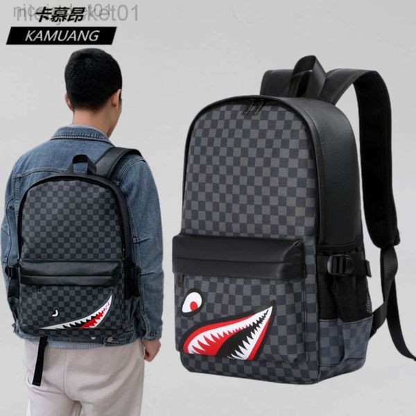 24SS Designer Spraygrounds Rucksack Shark Mouth Rucksack Herrenmode Lattice Reiserucksack Trend Vielseitige Lederschultasche für Jungen Computertasche Sport