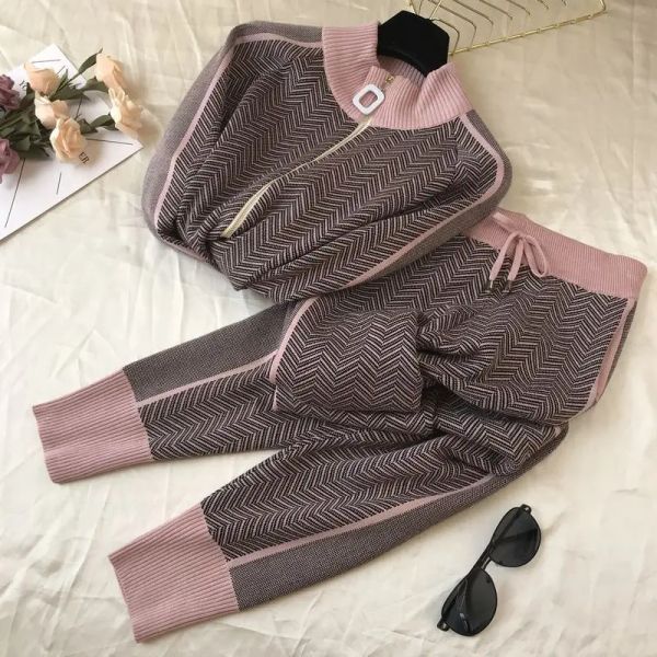 Anzüge Neue Mode Stricken Hose Sets Zwei Stück Set für Frauen Kontrast Farbe Süße Zipper Strickjacke Mantel + Casual Hosen frauen Trainingsanzug