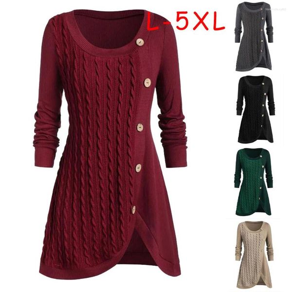 Damenpullover 2024 Winter-elegante feste Knöpfe Tunika-Frauen-warme lange Hülsen-Strickpullover-Bluse weiblicher Jumper-roter Pullover L-5XL