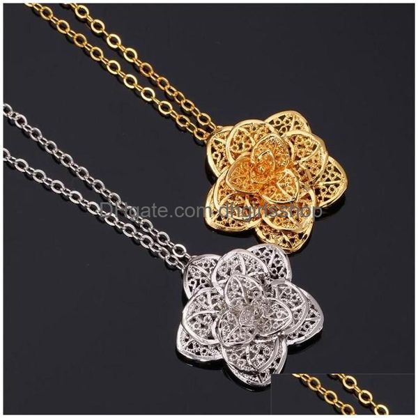 Anhänger-Halsketten, hohle Blumen-Statement-Halsketten, florale Anhänger-Choker-Halskette, Platin, 18 Karat echtes Gold plattiert, Damen-Kragen-Link, Cha Dhmyk