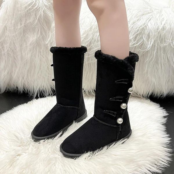 Stiefel 2024 Damen Waden Lässige Perle Schnalle Warme Kurze Plüsch Stil Damen Winter Rutschfeste Weibliche Hohe Schnee