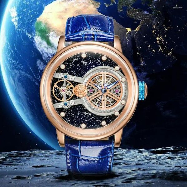 Orologi da polso Orologio meccanico da uomo cavo in pelle con volano di lusso leggero Orologio da uomo impermeabile Glow Blue Planet