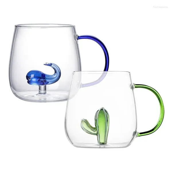 Canecas Cactus / Pequeno Copo de Vidro Baleia Tridimensional Animal e Planta Forma Café Leite Bebida Bonito Transparente