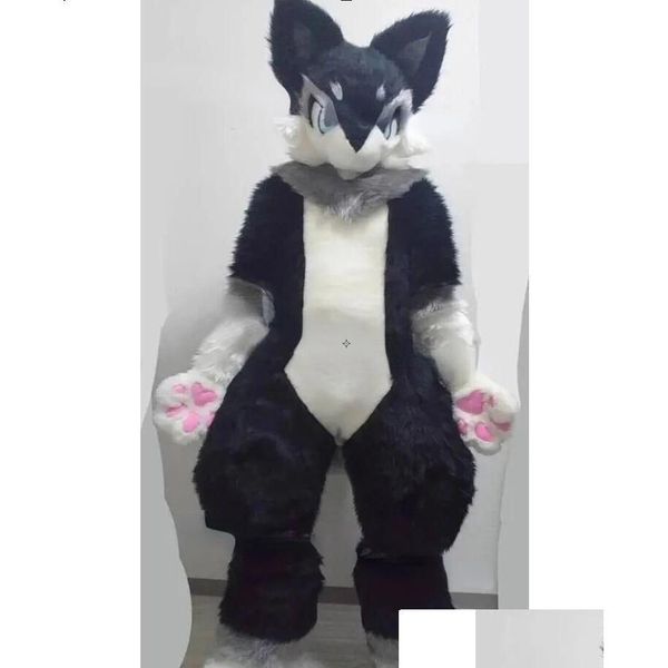 Costume da mascotte nero medio lungo in pelliccia di volpe husky che cammina vestito di Halloween per feste giochi di ruolo consegna di drop costumi di abbigliamento Dhq0B