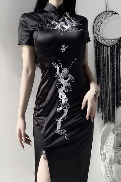 Retro Cheongsam Nero Gotico a vita alta Fasciatura Midi Donna Aderente Manica corta Abito da sera Club Plus 92280 240220