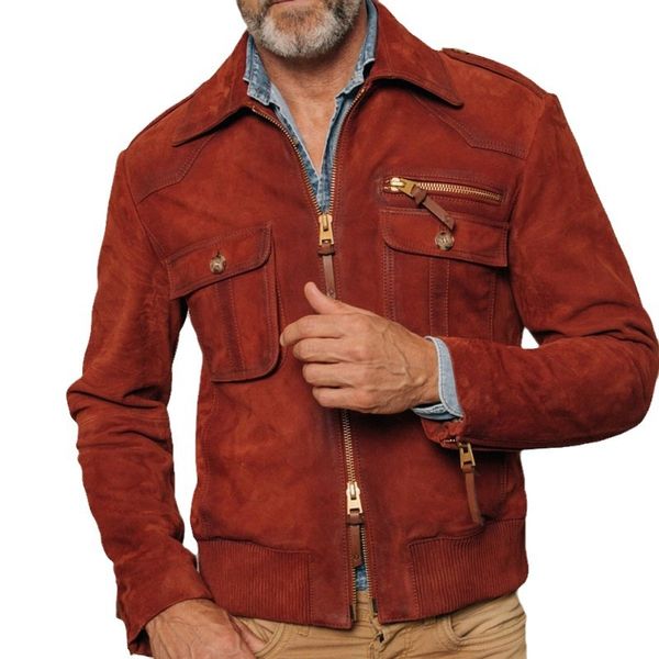 Frühlings-Herrenjacke, Vordertaschen, Bodyfit, einfarbig, Revers, Reißverschluss, Modedesigner, Herren, neue Trucker-Wildlederjacke, weiches Wildleder, Oberbekleidung, Mantel, Winter, Herbst, 3XL