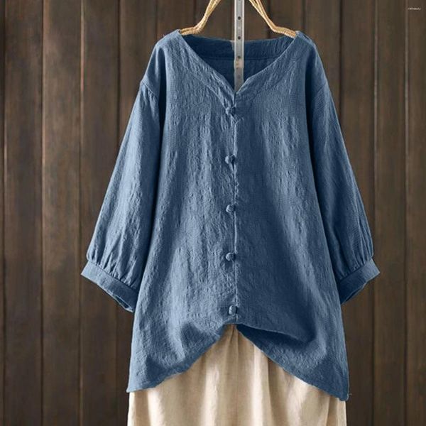 Damenblusen Vintage Laternenärmel Hemden Knopf Pullover Lose Chemise Damen Tunika Tops Leinen Blusas Traditioneller Stil