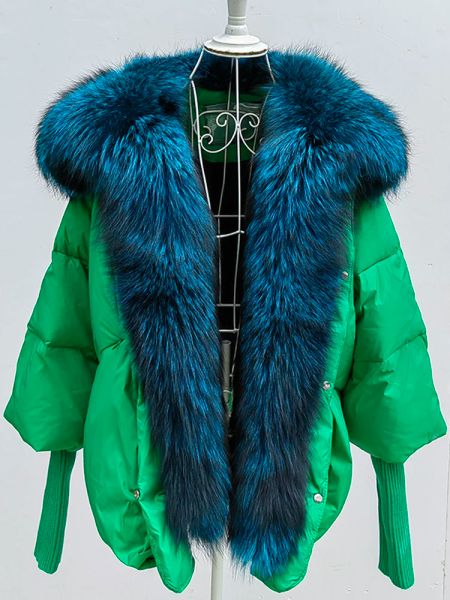 Pele oversized inverno quente destacável removível gola de pele de raposa deslumbrante azul para baixo casaco feminino puffer outerwear jaquetas senhoras