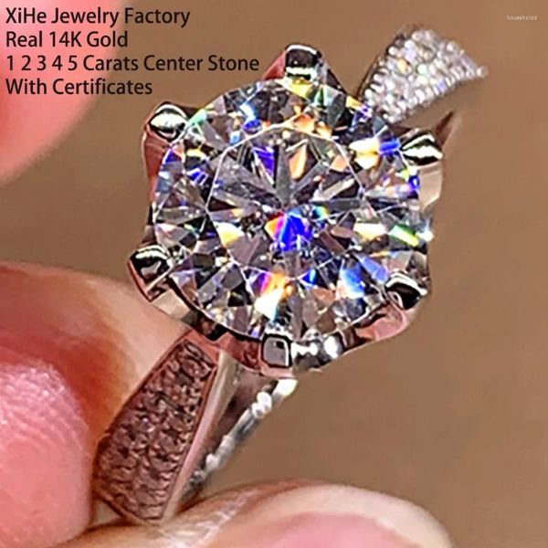 Cluster-Ringe, echtes 14-Karat-Massivgold, für Damen, Hochzeitstag, Verlobungsring, Blume, 0,5 1 2 3 4 5 Karat, runder Moissanit-Diamant, 6 Krallen