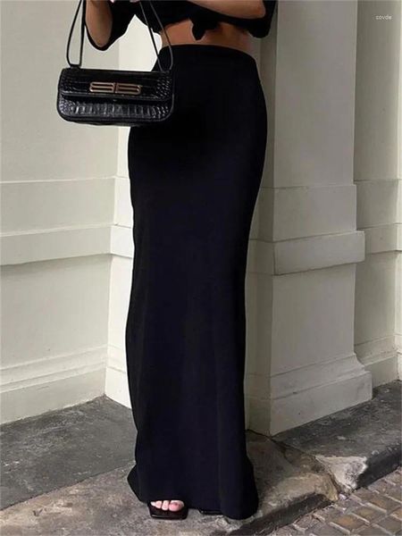 Saias preto longo para mulheres moda elegante magro sem costura maxi escritório senhora casual sólido cintura alta vintage chique saia