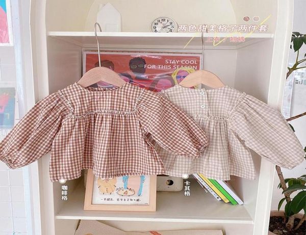 Conjuntos de roupas 2 pçs bebê shorts conjunto verão marca coreana criança menina puff manga xadrez vestido superior bonito casual suitclothing9813883