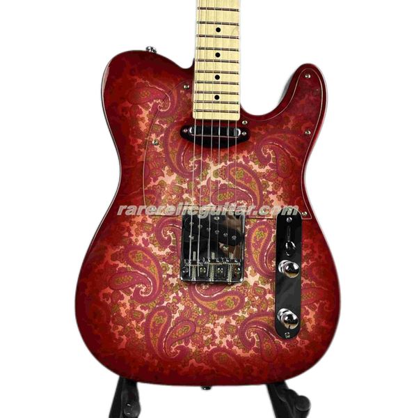 Tastiera personalizzata Brad Red Paisley per chitarra elettrica con manico in acero, inserto a punti neri, ponte a 3 selle cromato, battipenna trasparente