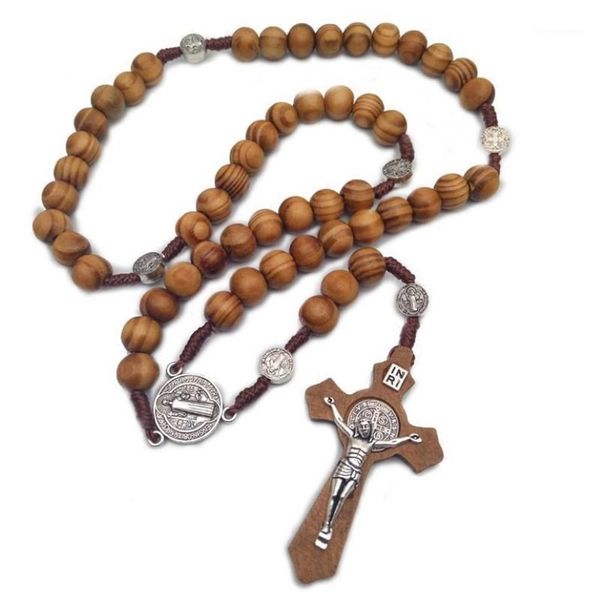 Männer Frauen Christus Holz Perlen 10mm Rosenkranz Perle Kreuz Anhänger Gewebte Seil Kette Halskette Schmuck Accessories1214S