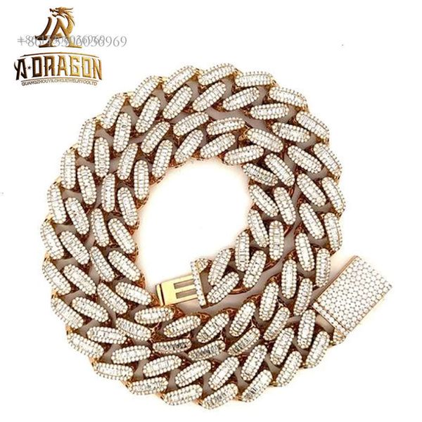 Correntes de pescoço cubanas masculinas banhadas a ouro Baguette Moissanite Diamond 15 mm Sier Dubai