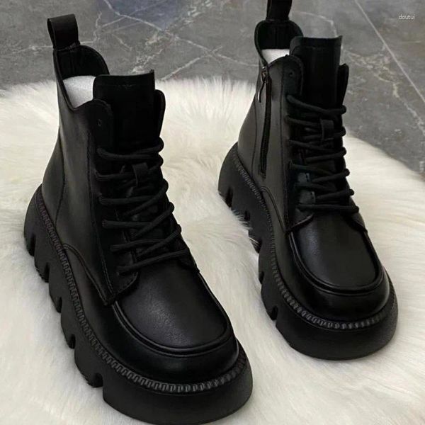 Ботинки, короткие туфли на платформе для женщин, обувь на шнуровке, ботинки в стиле панк, черные женские кожаные ботинки на шнуровке в армейском стиле, кожаные ботинки с круглым носком