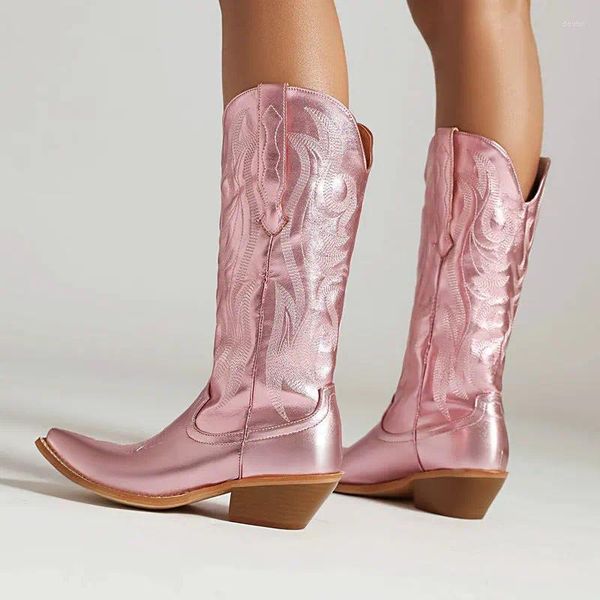 Stivali Stivali da cowboy occidentali da donna in oro rosa argento Stivali da cowboy ricamati in pelle artificiale con tacco basso a metà polpaccio Autunno