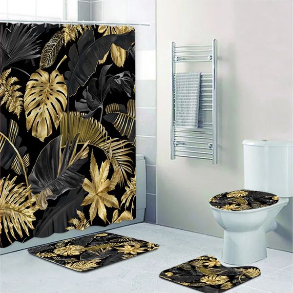 Set di tende da doccia per bagno con foglie di palma e piante tropicali nere e dorate per vasca da bagno, foglie esotiche, tappetini da bagno, tappeti, decorazioni per la casa 240222
