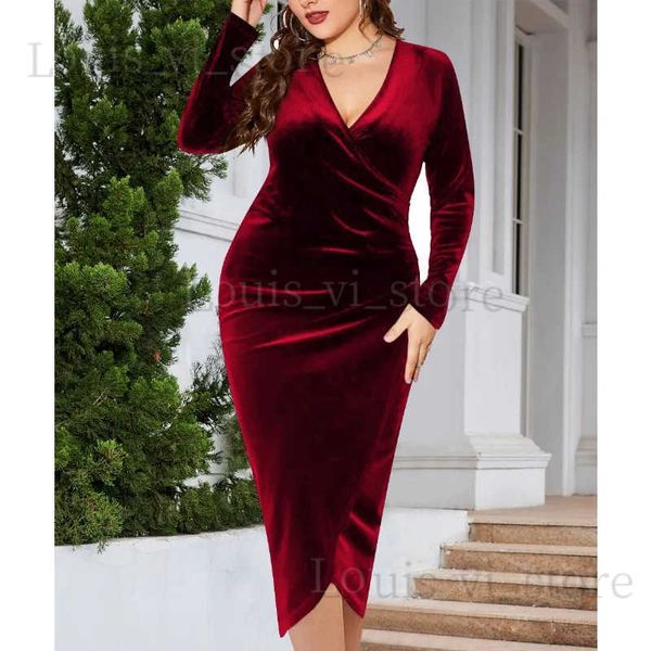 Vestidos casuais básicos plus size elegante manga longa veludo vestido magro midi vermelho sexy plissado com decote em v festa cocktail vestido boate casual vestuário t240227