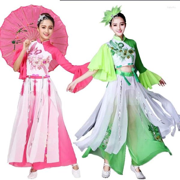 Bühnenkleidung für Damen, Chiffon, klassische Tanzkostüme, elegante chinesische nationale Fan-Regenschirm-Kleidung, Yangko-Aufführung