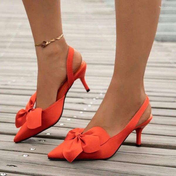 Kleidschuhe Damen Spitzschuh flach nackt orange Schleife Absatz hinten Riemchen Damen Sandalen