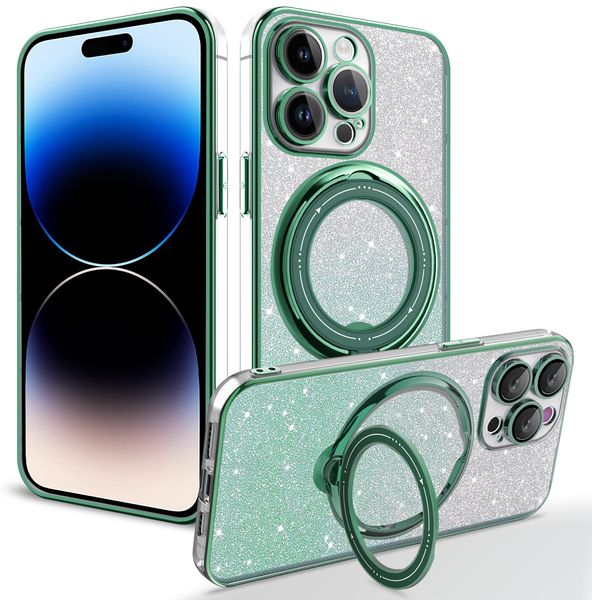 Capas de telefone para iphone 15 14 13 12 11 mini plus max x xr xs 8 7 magsafe anel glitter galvanoplastia caso capa de luxo