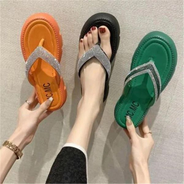 Chinelos 2024 Verão Plataforma Plana Laranja Mulheres Sandálias Cristais de Luxo Sapatos 5cm Chunky Sole Cool Slides