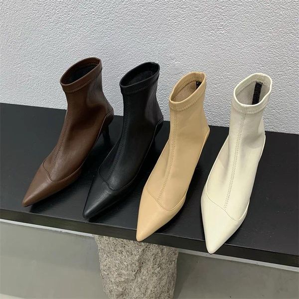 Botas Bailamos apontou toe mulheres 2024 chegadas estiramento sapatos curto bootie festa fina salto alto deslizamento no vestido mujer