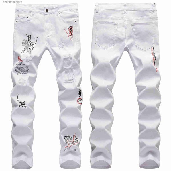 Erkekler Kot 2023 Erkek Hip Hop Gençlik Sokak Giyim Kot Moda Günlük Stil Erkekler Denim Pantolon Yeni Gelgit Graffiti-Art Yırtık Kargo Kotu Beyaz T240227