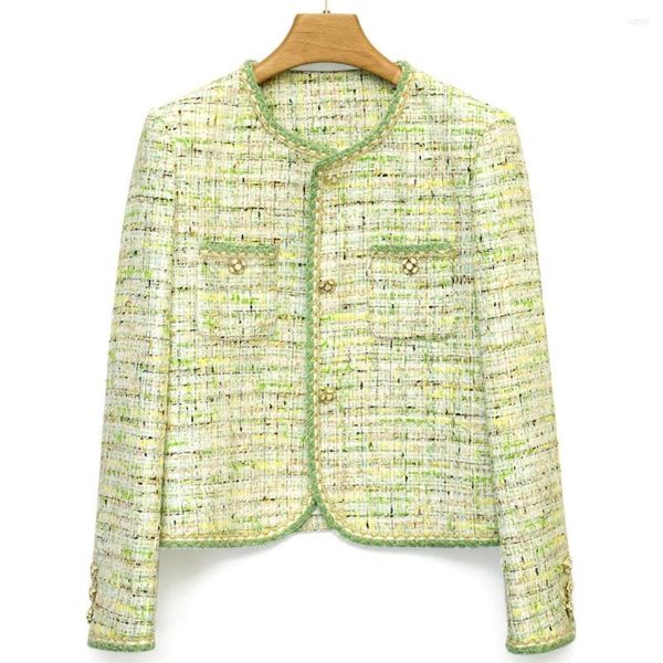 Giacche da donna 2024 Primavera Autunno di alta qualità dolce verde tasche scozzesi Tweed O-Collo cappotto corto F098