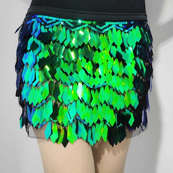 Юбки женские, зеленая юбка с пайетками, модная сексуальная, блестящая, на шнуровке, с регулируемой талией, мини-вечеринка, атласная отделка, с разрезом