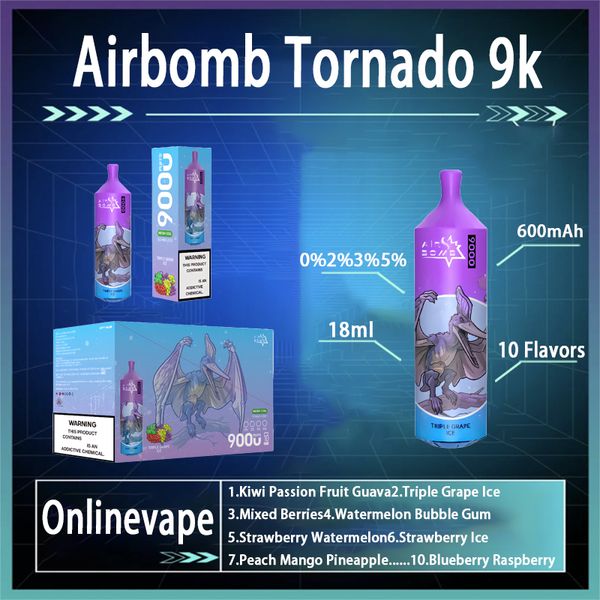 Orijinal Airbomb Tornado 9000 Puf Verilebilir E Sigara 850mAh Şarj Edilebilir Pil 18ml Pod 10 Lezzetler puf 9K Vape Kalem Seti Çıkarılabilir