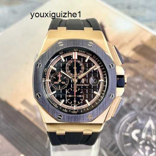 Минималистичные тактические наручные часы AP Watch Royal Oak Offshore Series Диаметр 44 мм Розовое золото 18 карат Керамическое внешнее кольцо Автоматические механические мужские часы Роскошные часы 26401