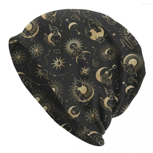 Baskenmützen Sonne Astrologie Kunst Beanie Hüte Schwarz und Gold Mond Stern Vintage Kappen Weiblich Männlich Kpop Strickmütze Herbst Grafik Elastisch