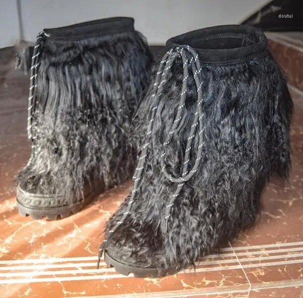 Botas Preto Camurça Lã Rolo De Pele Lace Up Redondo Toe Cunhas Mulheres Curtas Grosso Sola Altura Aumentando Plataforma Sapatos de Neve