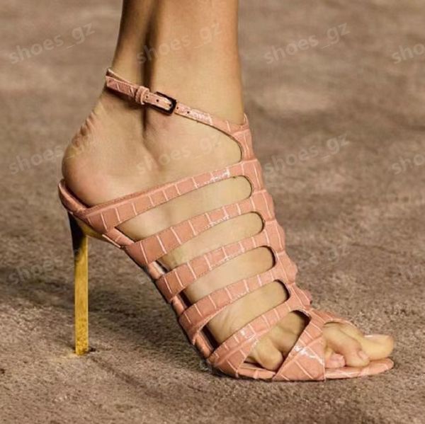 Novo padrão de pedra couro enjaulado sandálias gladiador 100mm bombas saltos stiletto mulheres de salto alto luxo designers de moda sapatos de festa de noite tamanho 35-42 com caixa