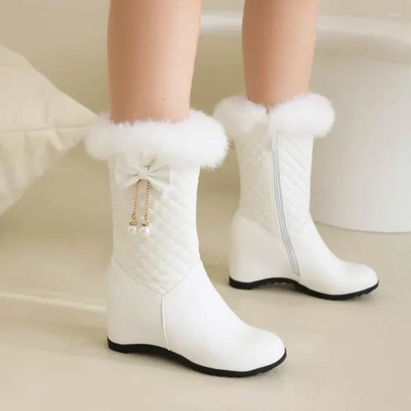 Botas inverno branco rosa mulheres neve moda quente pele de pelúcia senhoras redondo dedo do pé zip aumentou altura meninas bezerro 34-43