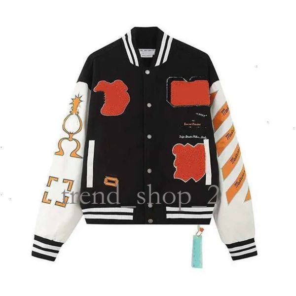 Giacca da uomo Off White Giacca autunno e inverno di marca Off White 2024 Nuovo cappotto di qualità perfetta Maschile Ow Bomber con maniche in pelle di lana ricamata per l'industria pesante 301