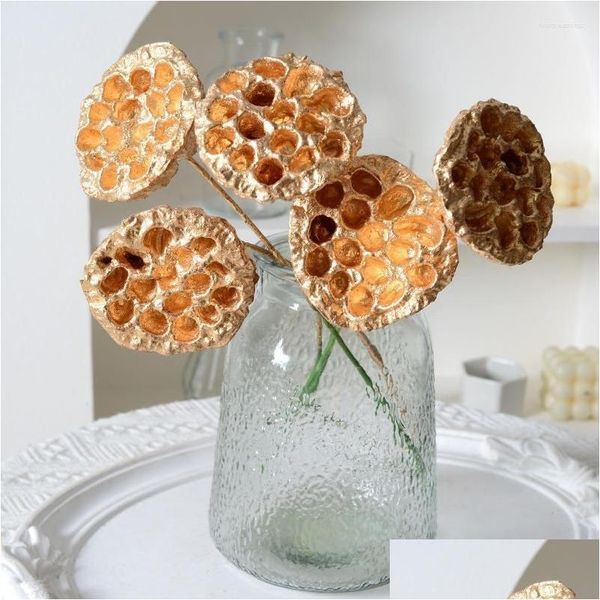 Flores decorativas grinaldas flores decorativas simation lótus dourado sem sementes flor seca salão de casamento el divertido balde casa ano decorat dh8nr