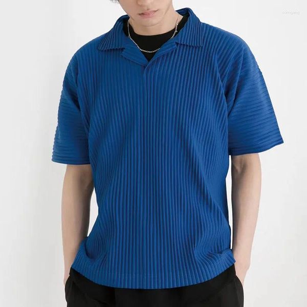 Herren Polos Miyake Plissee T-Shirt Tops Lose Lässige Blaue Poloshirt Kurzarm Herrenbekleidung