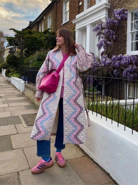Kadın Trençkotları Kadın Geometrik Desen Baskı Pamuk Palto Breated Capel Kemer Sıcak Uzun Kaplama Şık 2024 Kış Kalıntı