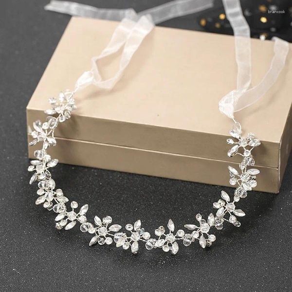 Fermagli per capelli Fasce per capelli da sposa Diademi Perline con strass Fasce per ragazze Cerchio color argento moda con nastro Corone da sposa Gioielli