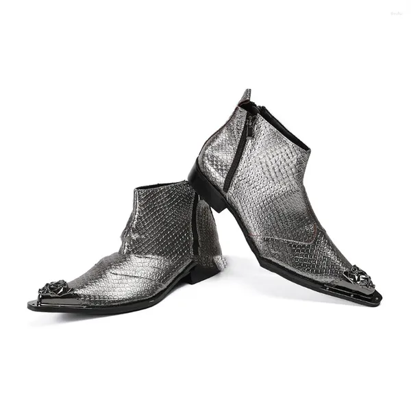 Stivali moda argento taglie forti uomo vera pelle scarpe a punta in metallo primavera autunno geomerico Botas Hombre cerniera