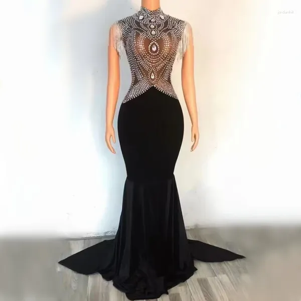 Lässige Kleider, glitzernde Diamanten, ärmellos, Quasten, bodenlang, figurbetontes Trompetenkleid, Geburtstag, Abschlussball, Kostüm, Abendaufführung