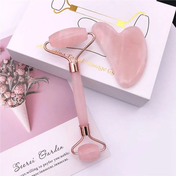 Roller Natürliche Rosenquarz Massagegerät für Gesicht Gouache Schaber Gua Sha Jade Roller Gesichtspflege Haut Gesichtsmassagegerät Schönheit Massage Werkzeug