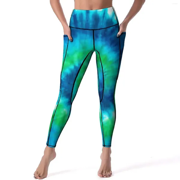 Calças ativas tie dye print yoga azul e verde leggings de fitness cintura alta estiramento esportes collants design casual legging presente