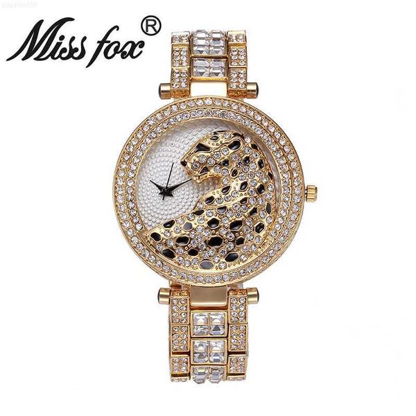 Miss Fox leopardo diamante incrustado pulseira de aço personalizado moda feminina relógio de quartzo à prova d'água de alta qualidade