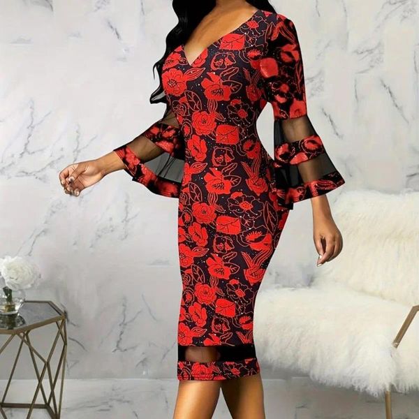 Vestidos casuais vestido com decote em v flor impressa v pescoço malha retalhos midi para mulheres com manga de três quartos slim fit joelho comprimento bainha