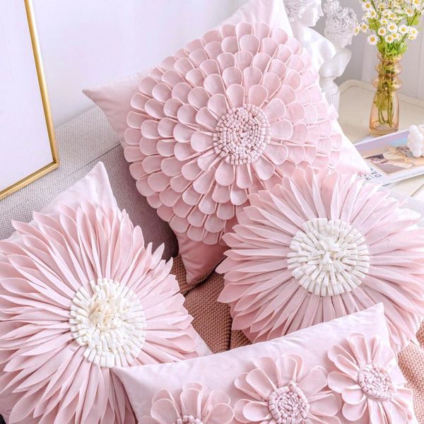 Kissen Rosa Mädchen-Herz-Stil Kleine Gänseblümchen-Sonnenblume Plüsch-Kissenbezug 30 x 50/45 x 45 cm 3D-Blumen-handgemachter Samtbezug Heimdekoration