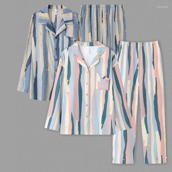 Frauen Nachtwäschepaar langärmelige Hose Baumwollmodetölmalerei Pyjamas Anzug Herbst Winter Homewear Set